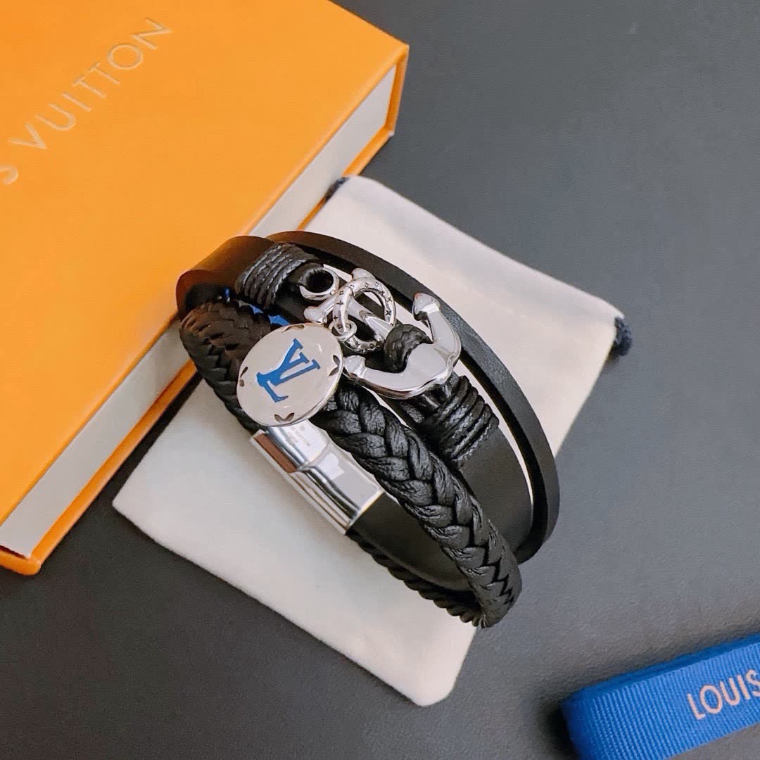 Louis Vuitton Black Leather Bracelet with Anchor Charm